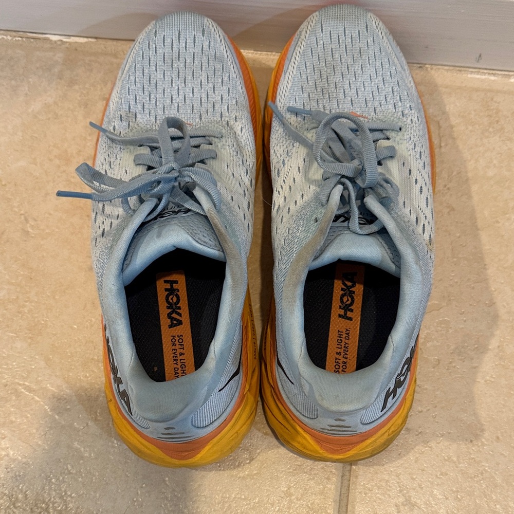 Hoka Light Blue and Orange Athletic Shoes